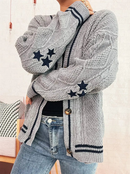Star Pattern Button-Up Cardigan with Contrast Trim - Cardigan