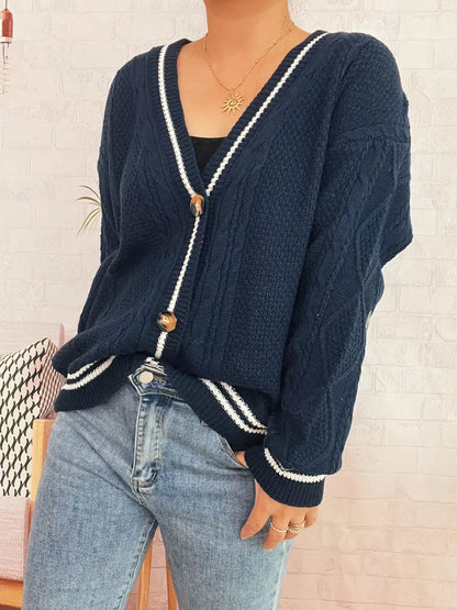 Star Pattern Button-Up Cardigan with Contrast Trim - Cardigan