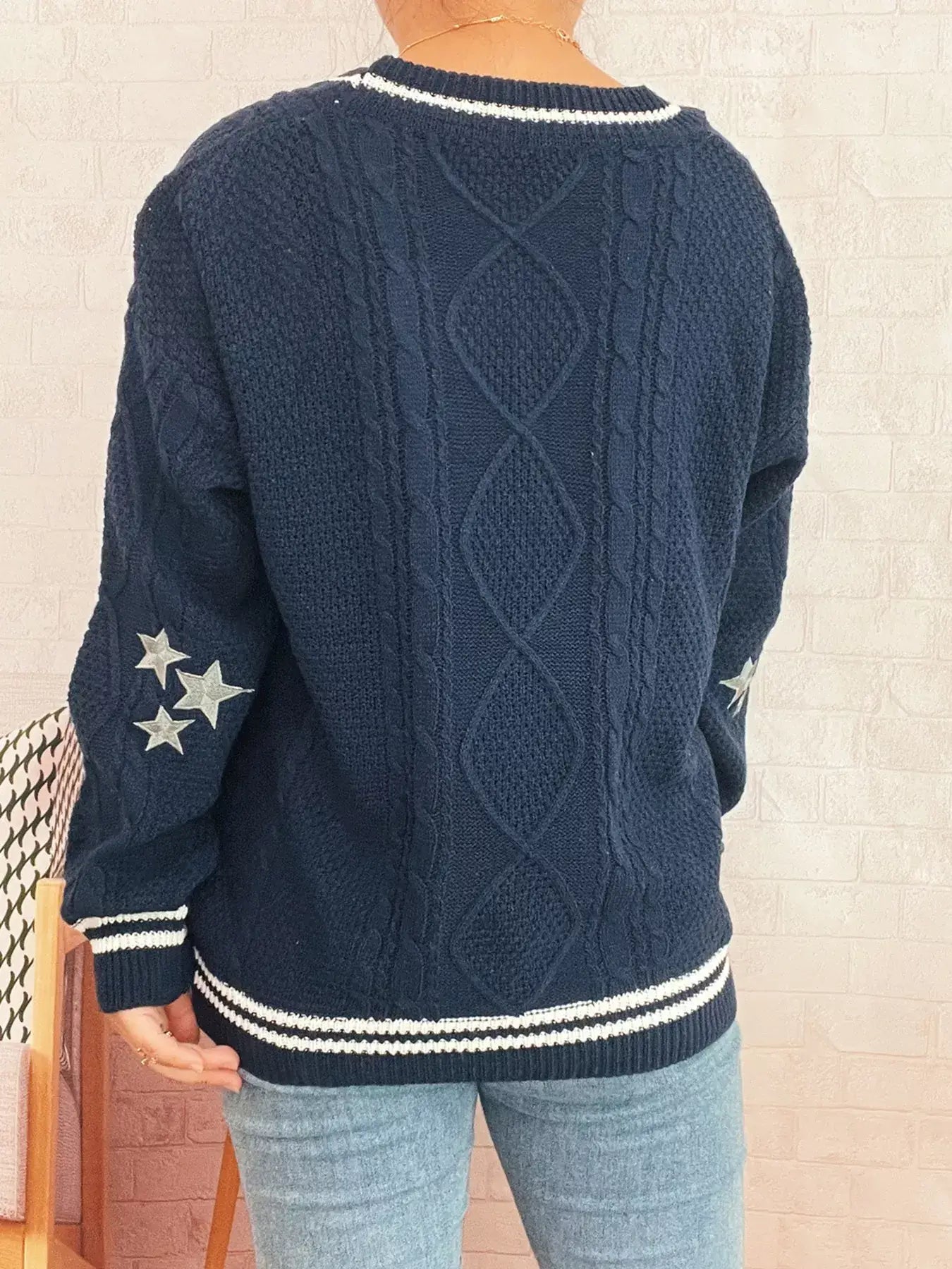 Star Pattern Button-Up Cardigan with Contrast Trim - Cardigan