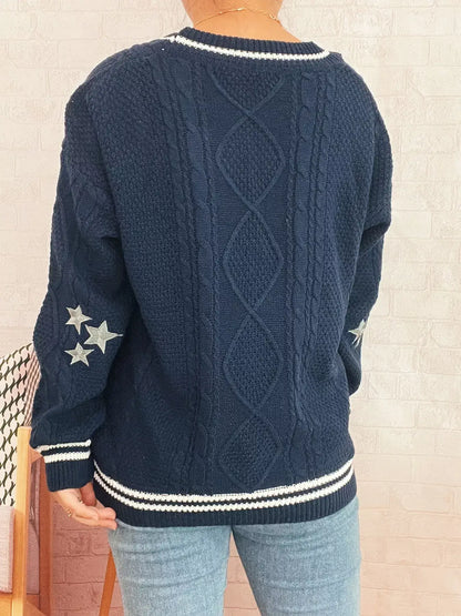 Star Pattern Button-Up Cardigan with Contrast Trim - Cardigan