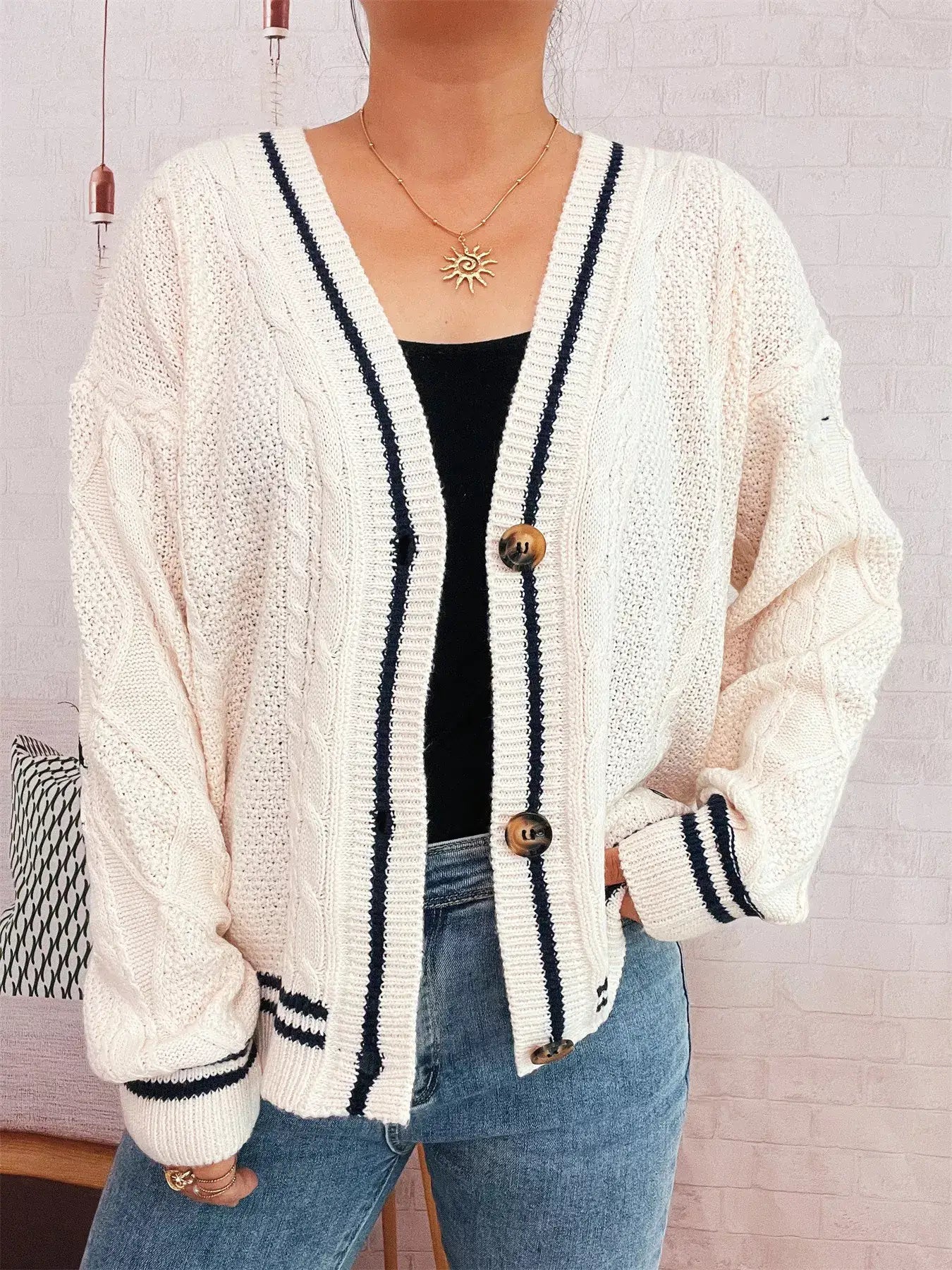 Star Pattern Button-Up Cardigan with Contrast Trim - Cardigan