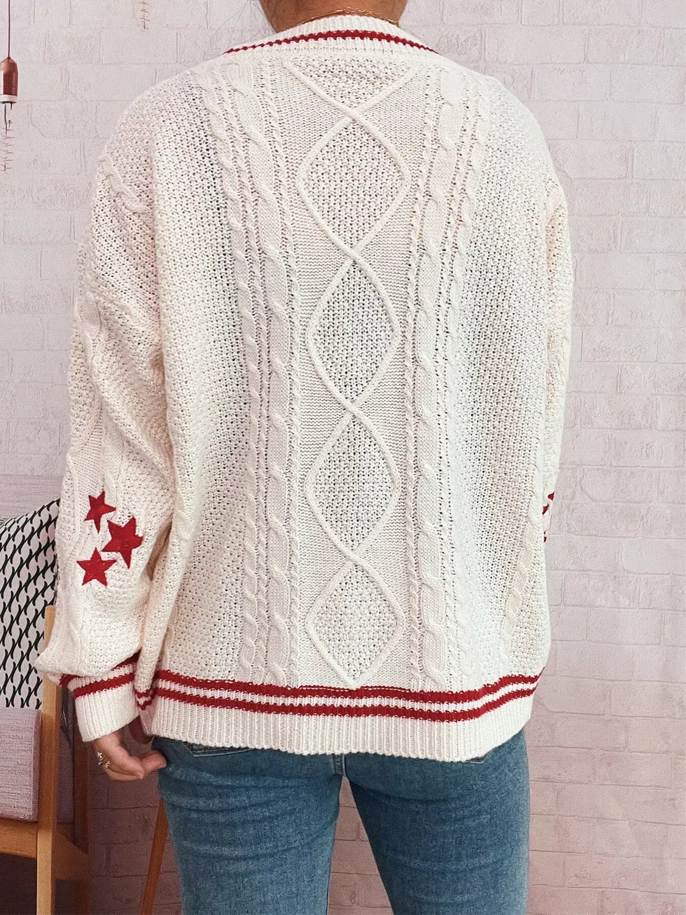 Star Pattern Button-Up Cardigan with Contrast Trim - Cardigan