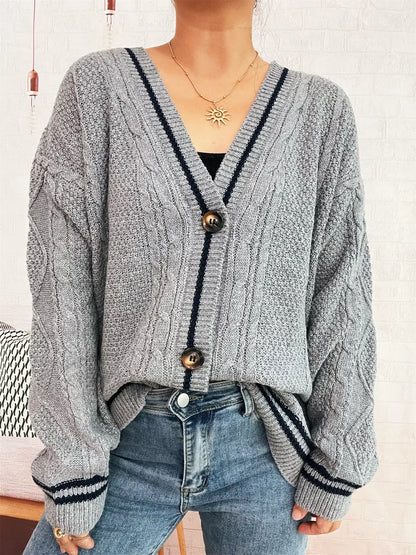 Star Pattern Button-Up Cardigan with Contrast Trim - Cardigan