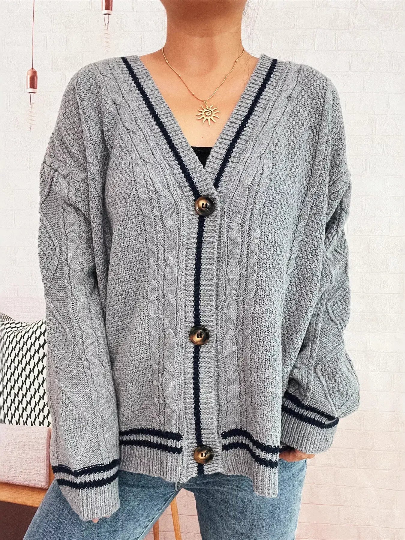 Star Pattern Button-Up Cardigan with Contrast Trim - Gray / One Size - Cardigan