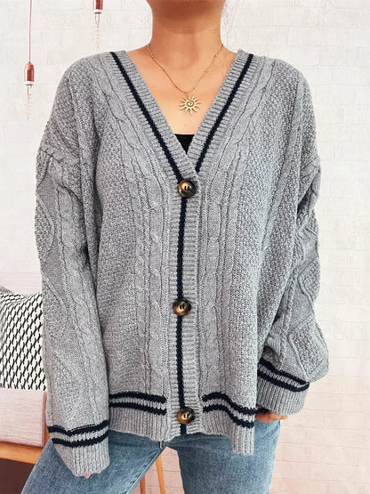 Star Pattern Button-Up Cardigan with Contrast Trim - Gray / One Size - Cardigan