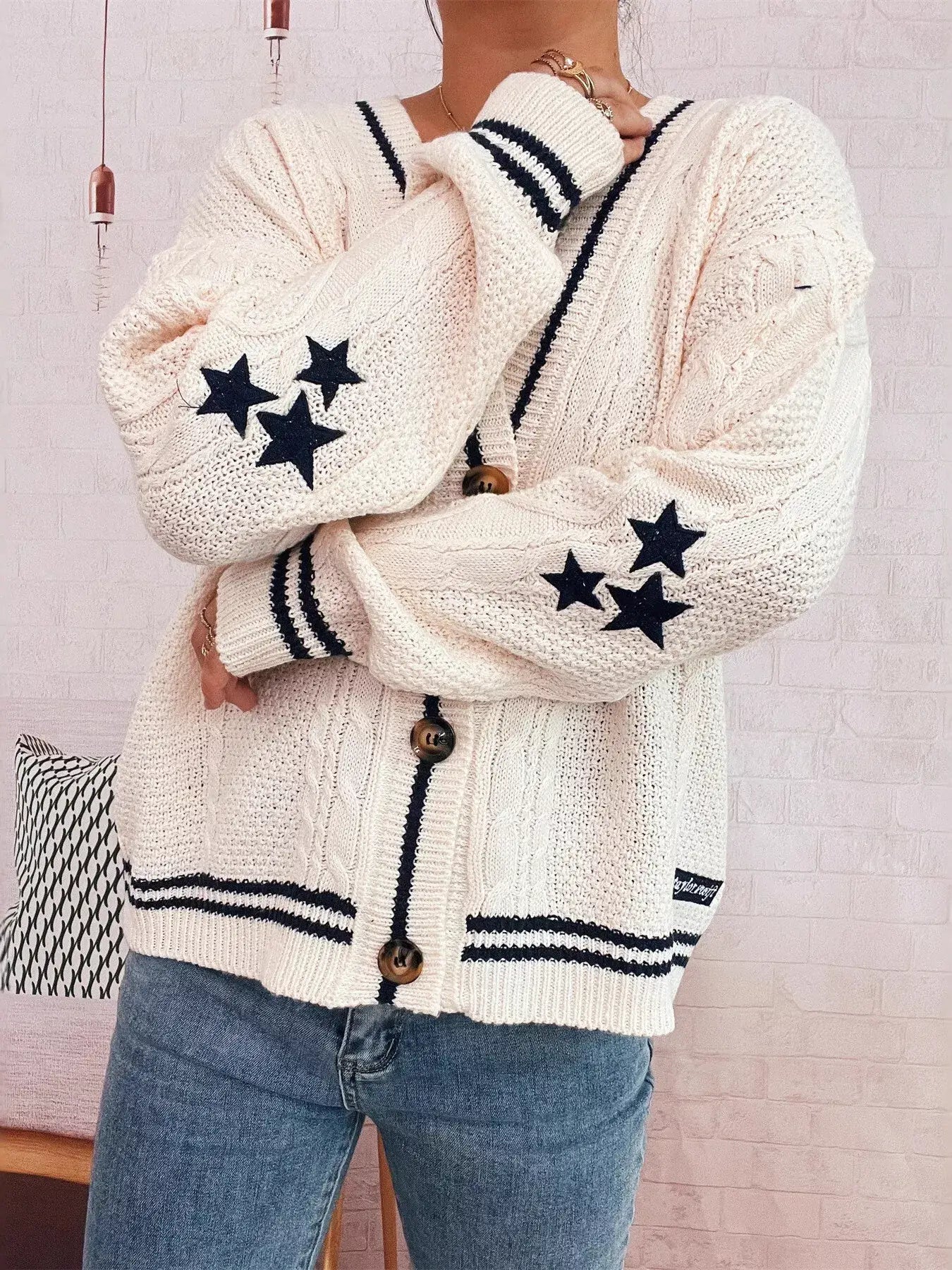 Star Pattern Button-Up Cardigan with Contrast Trim - White / One Size - Cardigan