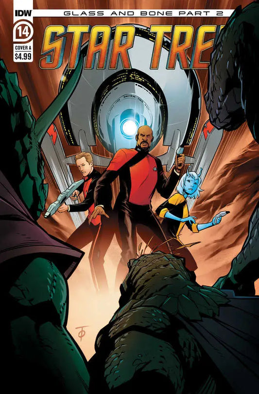 Comic book cover for Star Trek with crew members in action, ideal for trading cards