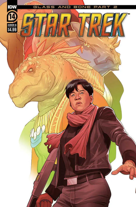 Star Trek #14 Variant B (Stott) comic cover with dinosaur and character in brown jacket
