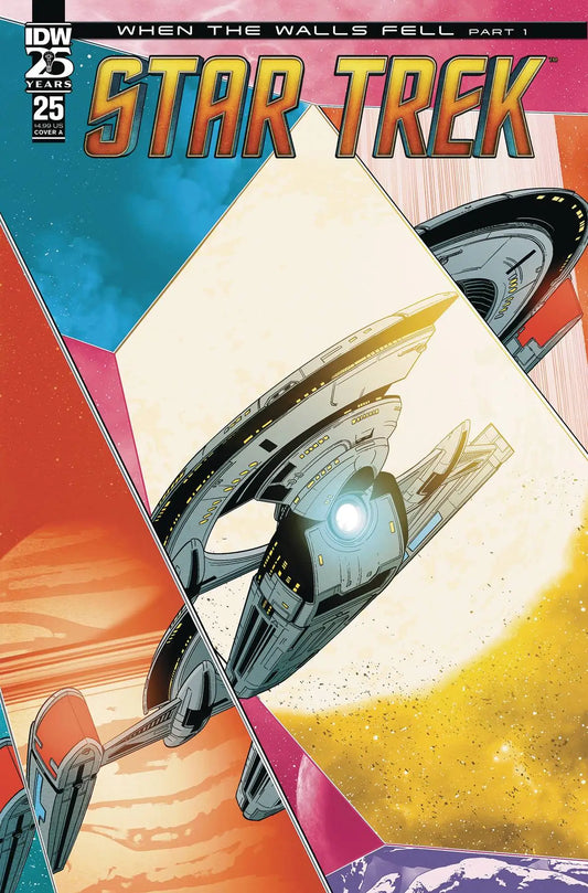 Starship Enterprise flying in a geometric background on Star Trek comic book cover