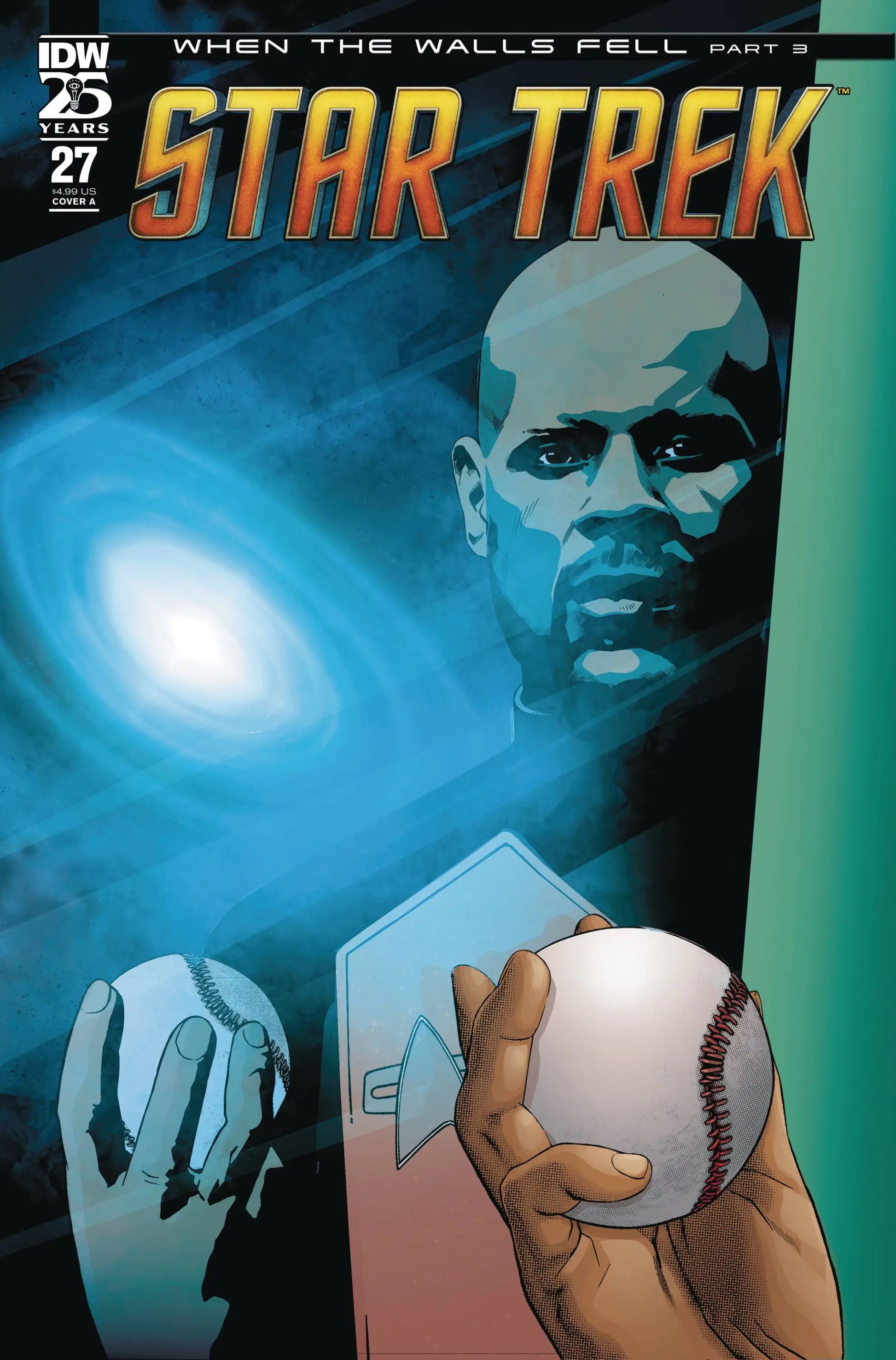 Comic book cover for Star Trek #27 featuring a figure with a baseball