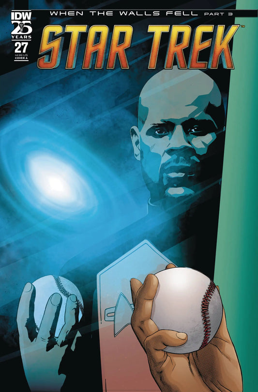 Comic book cover for Star Trek #27 featuring a figure with a baseball