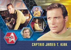 Collage-style trading card of a Starship Captain in gold uniform from Star Trek