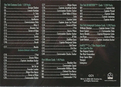 Track listing on Star Trek 40th Anniversary checklist card with dark background