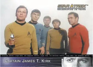 Group portrait of five Star Trek characters on a colorful promo card for collectors
