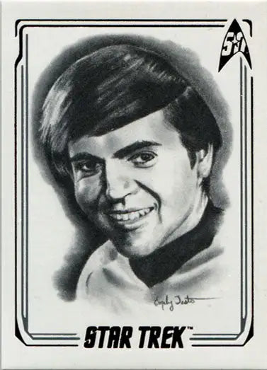 Portrait of smiling young man in light uniform as Ensign Chekov from Star Trek chase card
