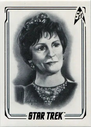 Portrait of woman in ornate necklace, featured on Star Trek chase card by Emily Tester