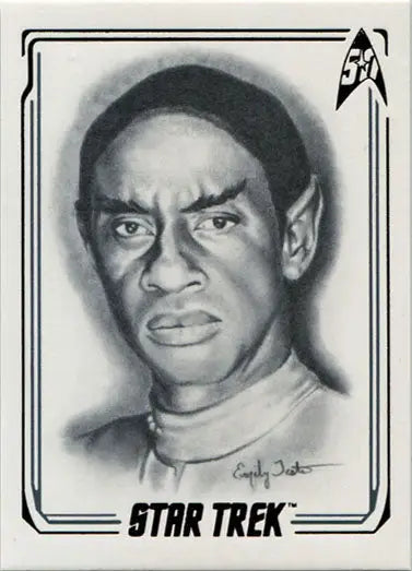 Black and white portrait sketch of Vulcan LtCdr Tuvok from Star Trek chase card by Emily Tester