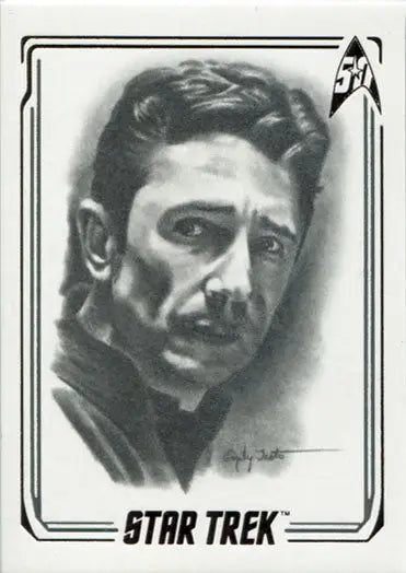 Black and white portrait sketch of a serious man labeled STAR TREK on Emily Tester chase card