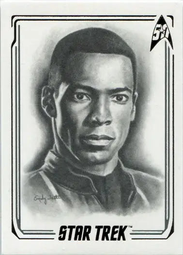 Portrait sketch of a man in a Star Trek uniform from the Emily Tester chase card series