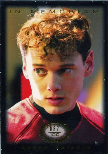 Portrait of young man with curly blonde hair in red jacket on Star Trek Beyond Memoriam Chase Card