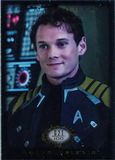 Starfleet officer in blue and yellow uniform, featured in Star Trek memoriam chase card