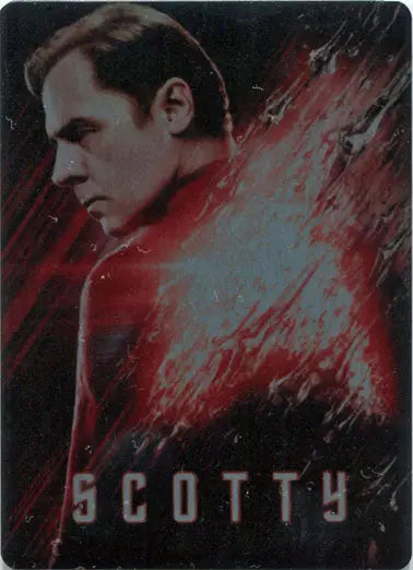 Profile portrait of Simon Pegg as Scotty on Star Trek metal poster with red background