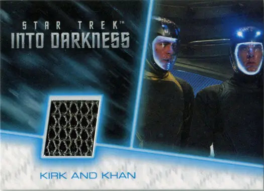 Movie memorabilia card showcasing Star Trek spacejump suit relic and characters Kirk and Khan