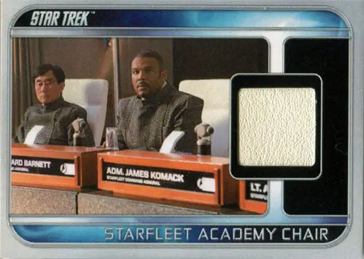 Trading card showcasing Star Trek characters and Starfleet Academy Chair fabric swatch