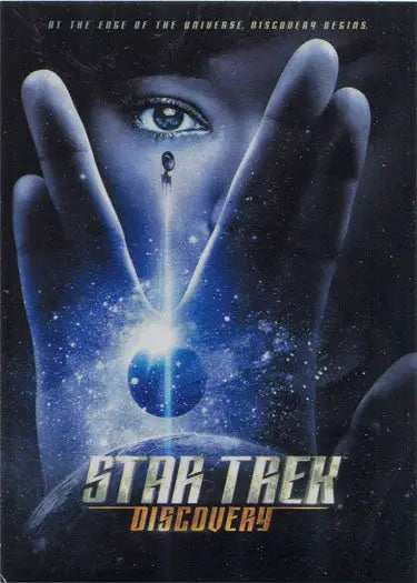Star Trek Discovery promo card featuring a close-up of an eye and Vulcan salute