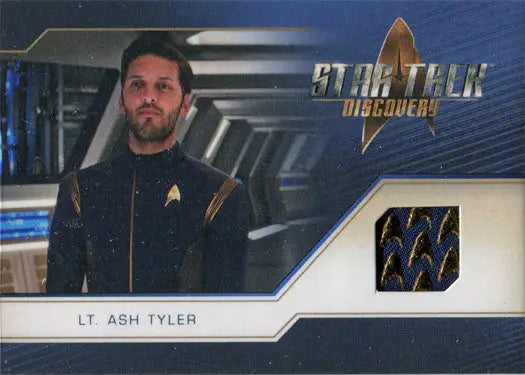 Trading card of Shazad Latif as Lt Ash Tyler with Star Trek Discovery relic costume swatch