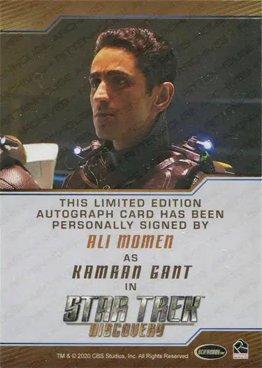 Autograph card for Star Trek featuring Ali Momen as Kamran Gant for trading cards collection