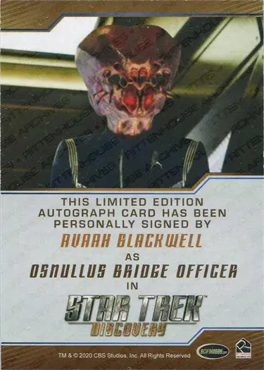 Alien creature snarling with sharp teeth on Star Trek Discovery autograph card