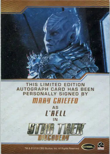 Autograph card of blue-skinned alien L’Rell from Star Trek: Discovery trading cards