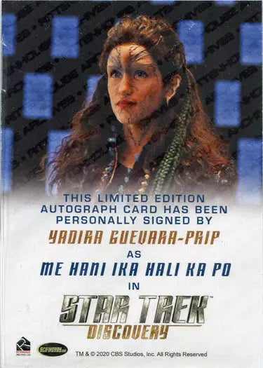 Autograph card of Yadira Guevara-Prip as Me Hani with ornate makeup on blue background