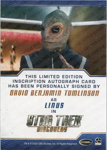 Limited edition Star Trek Discovery autograph card of Linus by D.B. Tomlinson for trading cards
