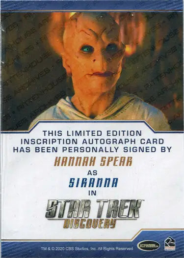 Limited edition autograph card of Hannah Spear as Siranna from Star Trek Discovery trading cards