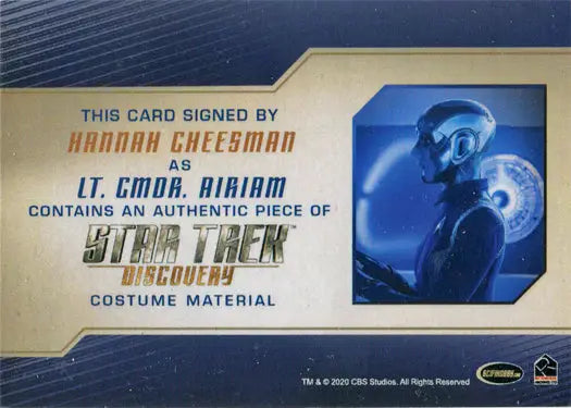 Autograph relic card featuring Airiam costume swatch from Star Trek Discovery Season 2