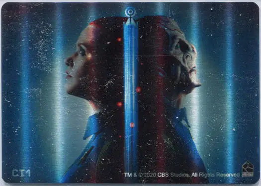 Two profile silhouettes with a glowing blue line in a cosmic setting for a case topper card