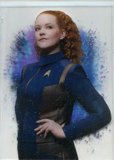 Woman in blue Starfleet uniform, curly red hair, featured on Mary Wiseman character card