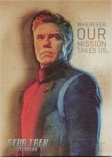 Portrait of Captain Christopher Pike in futuristic uniform with Star Trek text overlay