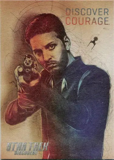 Promotional poster for Star Trek Discovery with Commander Tyler holding a phaser