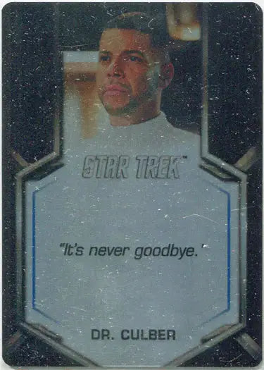 Trading card of Dr. Culber from Star Trek featuring quote on heroism metal card