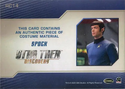 Relic costume card featuring authentic costume piece of Spock from Star Trek Discovery