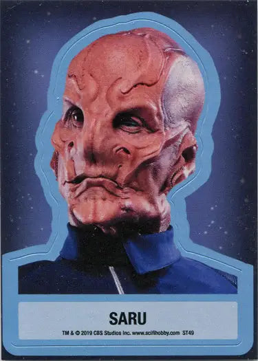 Alien-like head with reddish skin and blue collar on Doug Jones as Commander Saru sticker card