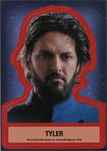 Portrait of Shazad Latif as Lt. Ash Tyler on a sticker card with a starry background