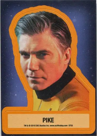 Portrait sticker card of Anson Mount as Captain Pike in a starry background