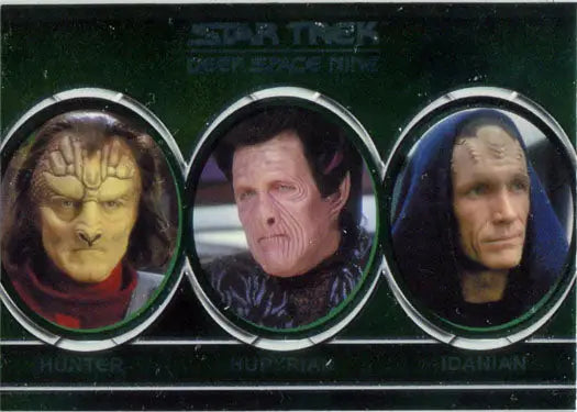 Three oval portraits of Star Trek villains aliens on a trading card featuring unique designs