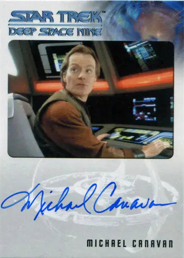 Autographed trading card of Michael Canavan as Tamal from Star Trek DS9 at control panel