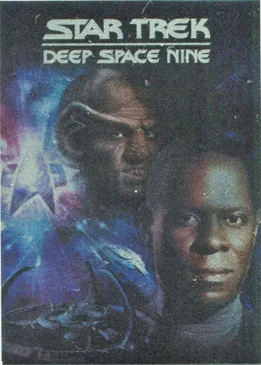 Promotional poster of Star Trek DS9 characters against a space backdrop in DVD cover art