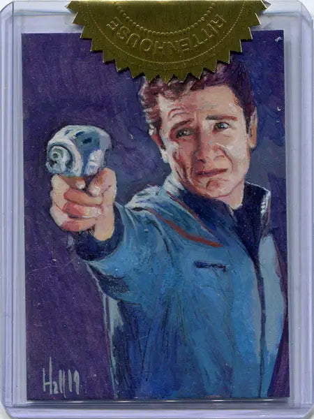 Painted sketch card by Charles Hall of Lt Reed aiming a futuristic gun in blue jacket